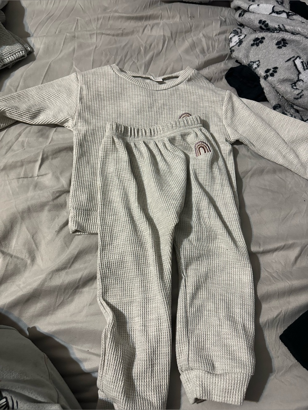Cream Waffle Knit Two-Piece Kids Set with Rainbow Embroidery